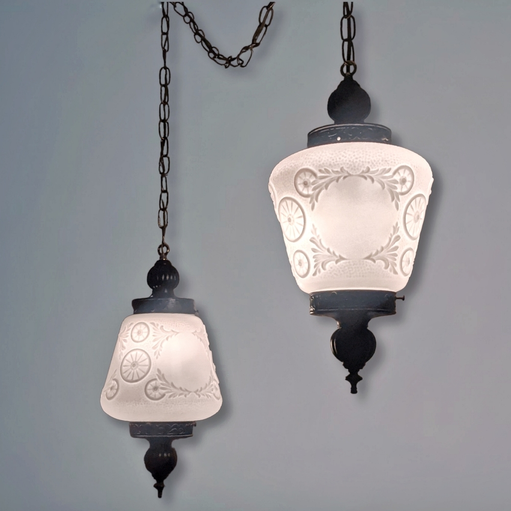 *SOLD*Antique embossed Milk Glass Hanging Swag Light Fixtures Victorian Old West